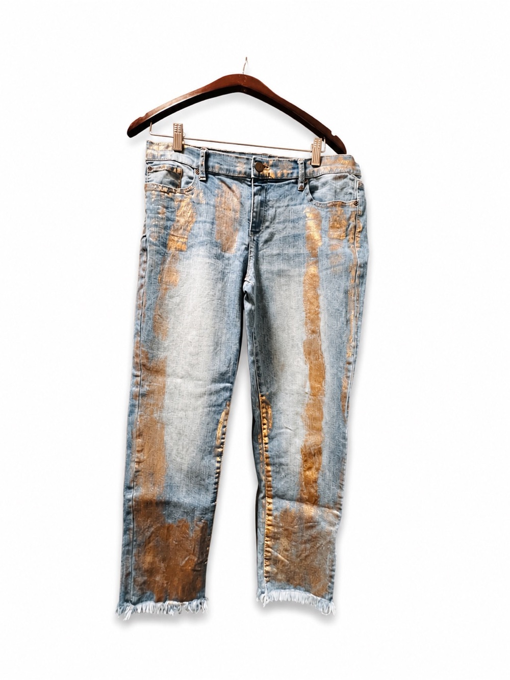 Soho New York & Co Boyfriend Jeans Gold Foil Metallic Raw Hem Size 10 - Picture 2 of 8